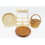 Table top artist's easel, two wicker baskets and a Brian Healey mahogany rotating centrepiece/lazy