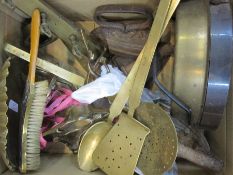 Box of 20th century brass items including crumb tray and brush set, Salter weighing scales (1966),