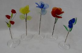 5 coloured Glass and wire decorative flowers in vases 12cm tall