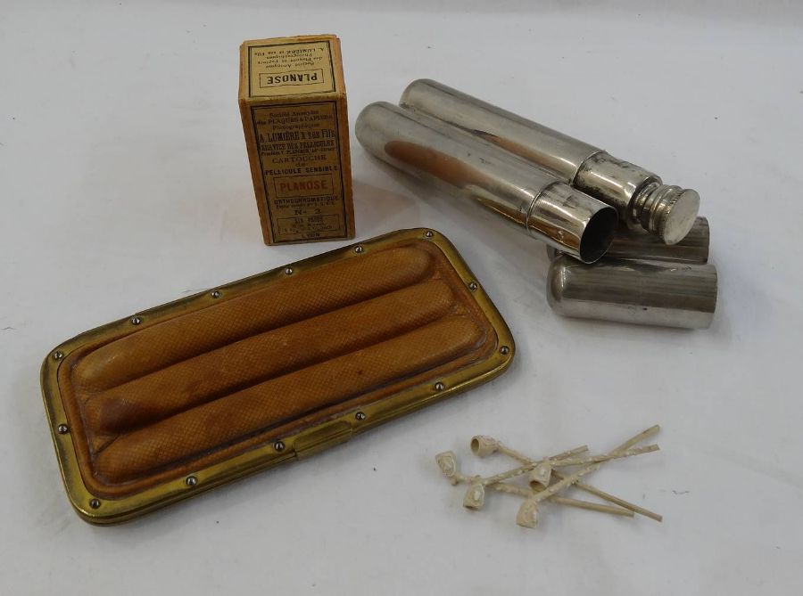 Two cigar cases - English pewter cigar and flask case made in Sheffield. Cigar case textile and