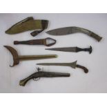 South East Asian kris with iron blade and wooden scabbard and kukri knife, Indian dagger and