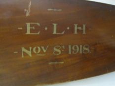 WWI Sopwith Pup half propeller rescued from crash inscribed 'E.L.H Nov. 8th 1918' with