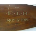 WWI Sopwith Pup half propeller rescued from crash inscribed 'E.L.H Nov. 8th 1918' with