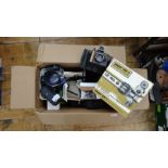 Box of cameras including Polaroid flash for Polartronic five, Polasonic autofocus 4000 land camera