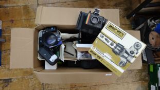 Box of cameras including Polaroid flash for Polartronic five, Polasonic autofocus 4000 land camera