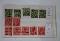 Card with 5 copies of KGV 1/2d and 7 copies of 1d all used with no cross on crown