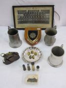 WWI compass in leather case, white metal tray, three pewter tankards, Gurkha regiment plaque and