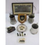 WWI compass in leather case, white metal tray, three pewter tankards, Gurkha regiment plaque and