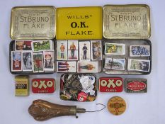 19th century military copper powder flask, assorted collectable button badges and pins including Z