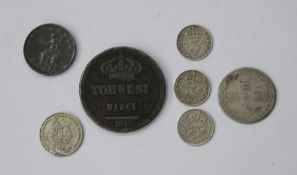 Mixed selection of coins (7) to include William Shilling 1696 weak at date, George IV sixpence 1826