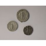 3 Silver Roman Coins, Septimus Severus, reverse Mars Advancing (1)  Geta silver Denarius As