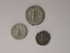 3 Silver Roman Coins, Septimus Severus, reverse Mars Advancing (1)  Geta silver Denarius As