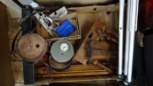 Box including 1920's Calculagraph, assorted wooden tools including tripod and assorted cutting