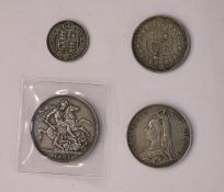 Victoria 1887 Crown, together with 1887 Double Florin (both ex brooch), half crown and shilling (4)