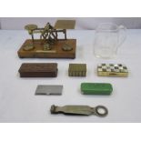Box including Victorian Mordan and Co London letter scales with 1/2, 1,2,4 and 9 Oz weights with