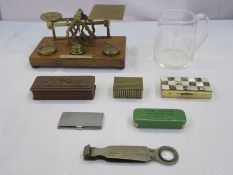 Box including Victorian Mordan and Co London letter scales with 1/2, 1,2,4 and 9 Oz weights with