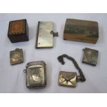 6 stamp boxes including silver, mother of pearl and painted wood and 1 silver vesta case