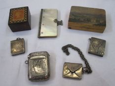 6 stamp boxes including silver, mother of pearl and painted wood and 1 silver vesta case