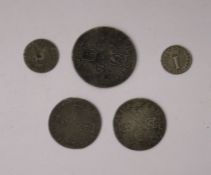 Group of early milled silver coins, to include William III Shilling (1) and Sixpence (2) George II