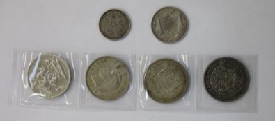 English Milled Crowns, 1937 (3) and 1951 (1), Victoria 1849 Godless Florin, ww by bust and William