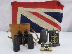 Zenith 7x50 binoculars in leather case, pair of opera glasses, Union Jack flag and two bookends