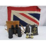 Zenith 7x50 binoculars in leather case, pair of opera glasses, Union Jack flag and two bookends