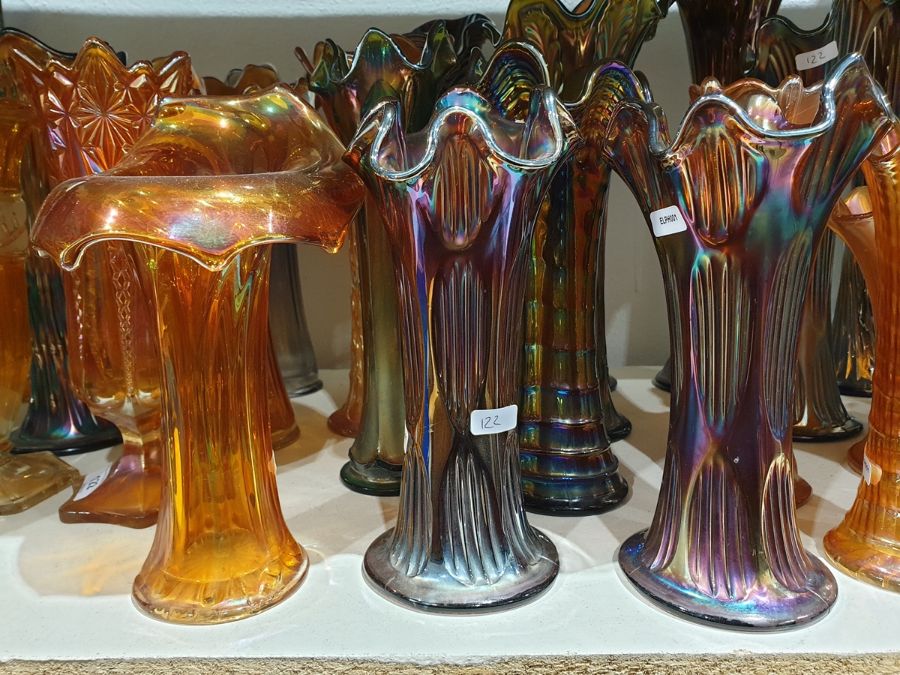 Collection of Carnival glass vases, early 20th century, in amethyst, blue and marigold colours, - Image 7 of 13