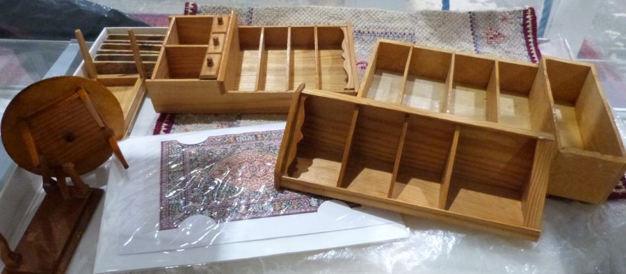 Quantity of dolls house furniture to include a dresser, bookcase, extending dining table, cot, brass - Image 2 of 3