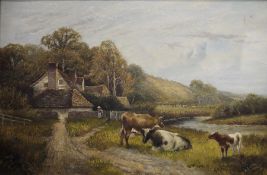 E Wolervoniz(?) (early 20th century) Oils on canvas Pair of rural landscapes with cattle watering