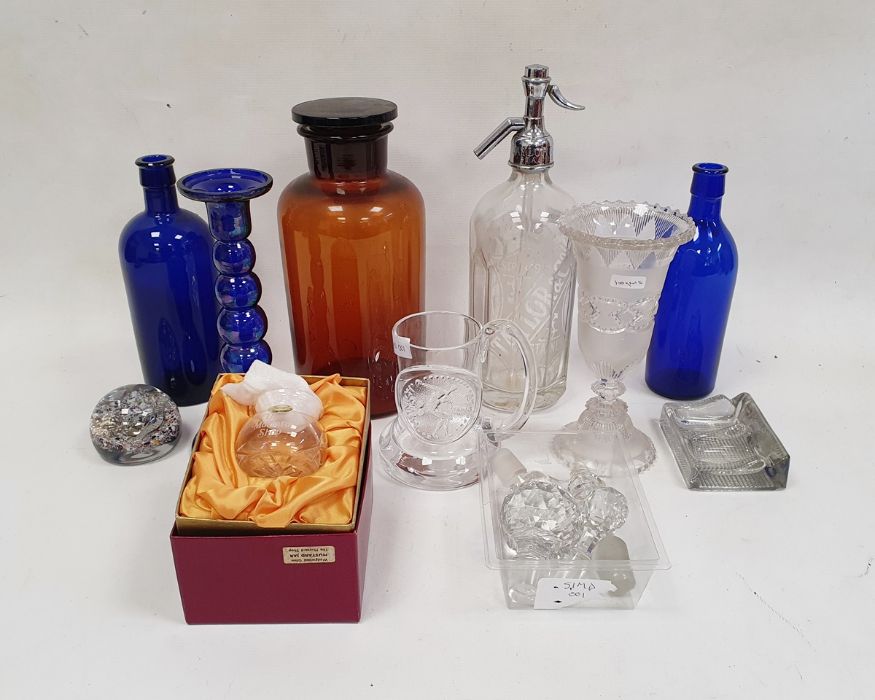 Collection of glassware, including a vintage British Syphon & Co soda bottle and metal cover (30.5cm