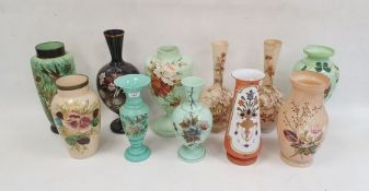 Collection of Continental opaque glass vases, late 19th/early 20th century, variously painted with