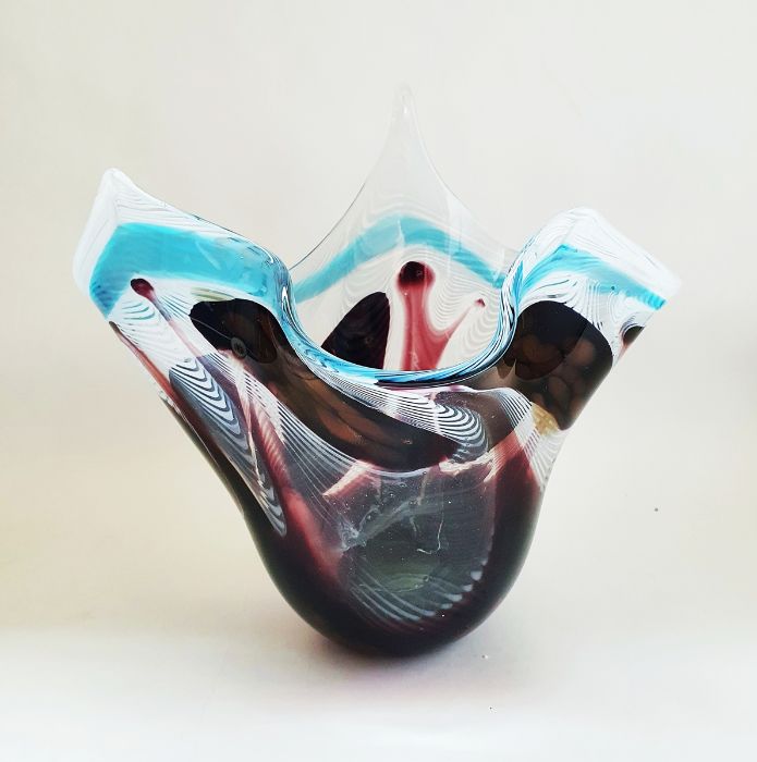 Murano Fazzoletto glass centrepiece freeform vase with white, burgundy and blue swirls and gold