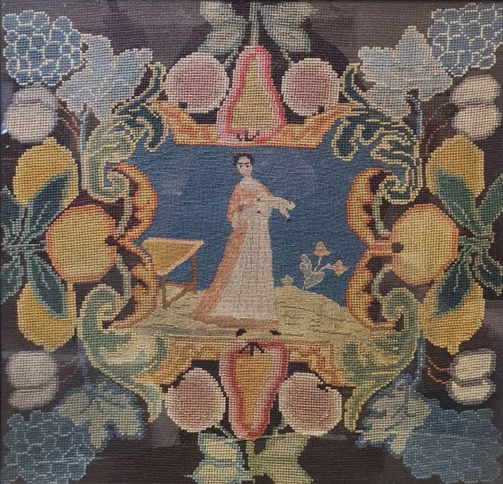 Petitpoint and grospoint woolwork tapestry of a woman and fruit, 40cm x 40.5cm
