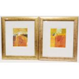 Two modern abstract prints of landscapes, indistinctly signed lower right together with three