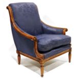 Wesley Barrell armchair with carved shew frame, blue upholstered seat and back