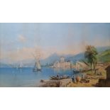 After T L Rowbotham  Pair chromolithographs Continental lake scenes, each 39cm x 68cm (2)