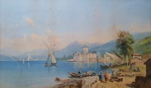 After T L Rowbotham  Pair chromolithographs Continental lake scenes, each 39cm x 68cm (2)