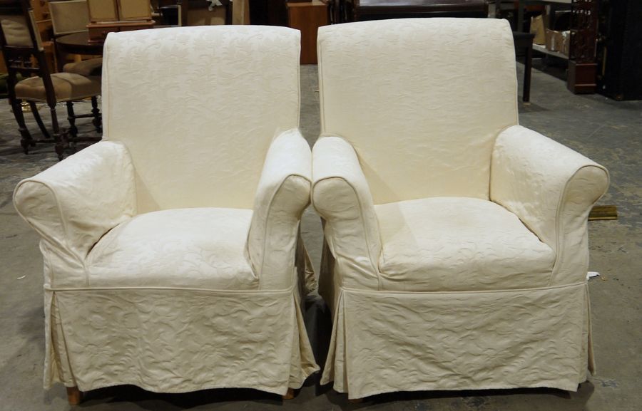 Marks & Spencers two-seat sofa and two single armchairs in pale cream coloured foliate pattern - Image 2 of 2