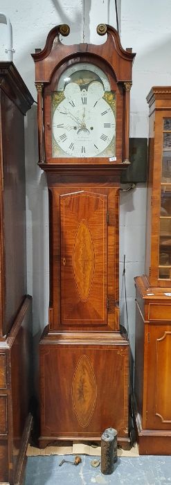 19th century mahogany and strung longcase clock with swan-neck arched pediment, with moonphase