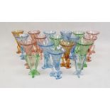 Large collection of Czech and Bohemian coloured Art Deco glass rocket vases in pink, green, blue and