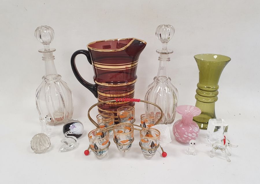 Collection of glassware and paperweights, including a French gilt-metal mounted shot glass holder,