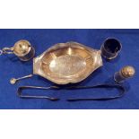 Silverwares to include sugar tongs, cruet set with blue glass liner, electroplated tray,