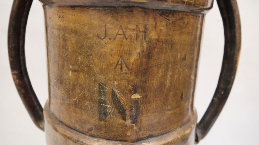 WWI twin-handled leather artillery shell carrier marked 'JAH' and with the Armed Forces arrow to the - Image 2 of 3