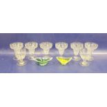 Two Flygsfors mid-century dishes, six engraved wine glasses and two others, the two dishes