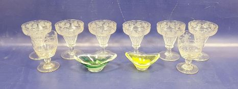 Two Flygsfors mid-century dishes, six engraved wine glasses and two others, the two dishes