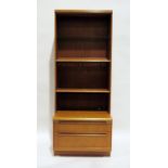 Mid-century modern G-Plan teak lounge display cabinet with open shelves above a base of two drawers,