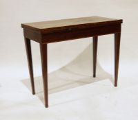 19th century mahogany and satinwood strung card table, on square section tapering supports, 91cm x