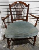 Early 20th century single armchair with wide blue upholstered seat, on turned supports