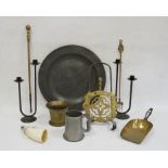 Brass fireside set, a brass mortar, cast iron candlesticks, a pewter tray, a pewter tankard and a