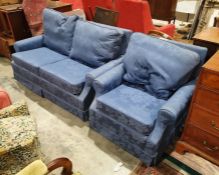 Wesley Barrell two-seat sofa and single armchair in blue foliate upholstery (2)